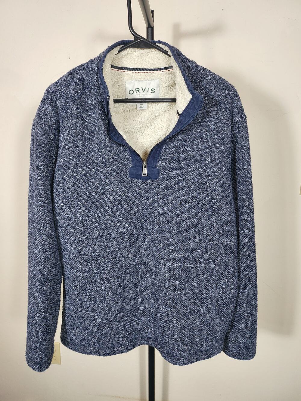 Men's Large Orvis Sherpa Lined Quarter Zip Blue Sweater Pullover